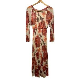 Women’s Off the Shoulder Floral Maxi Dress Long Sleeves Mesh Orange/Brown S 6